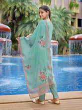 Women's Viscose Chanderi Embroidered Straight Kurta Pant With Dupatta-ME135-TAMCDNGSEAGRN